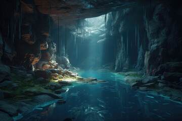 Fototapeta premium Light inside beautiful mysterious grotto with secret lagoon, created with Generative AI