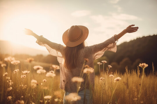Girl in hat blouse and jeans stands with her arms outstretched in field with wildflowers at sunset, created with Generative AI