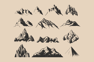 Set of vintage retro mountains. Can be used for logo, emblem, badge or poster. Engraving style. Monochrome graphic