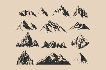 Fototapeta premium Set of vintage retro mountains. Can be used for logo, emblem, badge or poster. Engraving style. Monochrome graphic