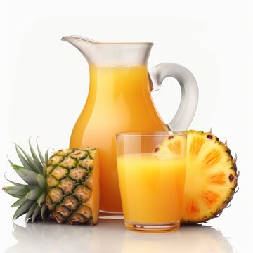 pineapple juice pitcher on glass and pineapple slices on white background - Generated by Generative AI