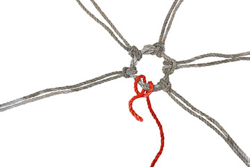 Rustic ropes join together in a knotted ring, one of them in red has a loose end, concept between...