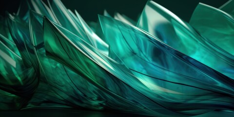 Exquisite translucent emerald green glass sculpture, formed in flame, melted to a smooth sparkling and lustrous flowing curved shine, macro closeup with dark backdrop - generative AI.