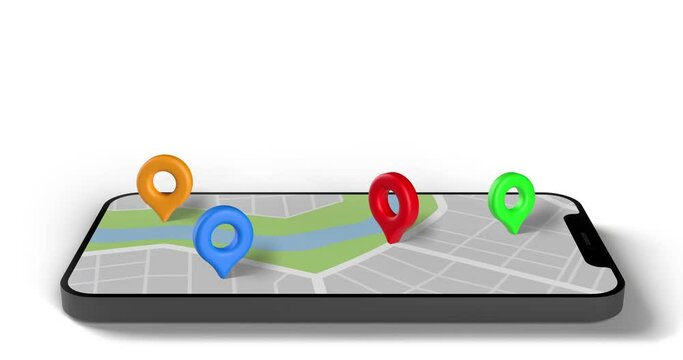 Location pointer falling on smartphone map screen, side view. Mobile navigation app 3D animation on white background, copy space. Direction finder template design for web, UI or mobile application.