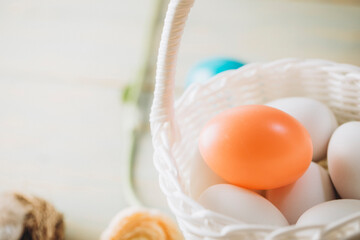 easter basket with eggs and bunny. Decoration. Celebration. Spring day. Eggs.