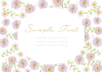 手書き 線画 優しいピンクの花のフレーム