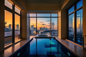 A room with a pool with a great view of the metropolis, Generative AI