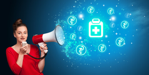 Young person with megaphone and healthcare icon