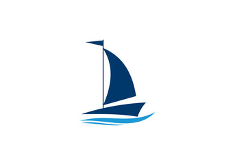 Linear drawing of a sailboat in the waves. illustration of a yacht at sea. Sailboat in the sea logo. Boat with sails on the waves