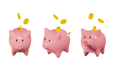 Render of piggy bank with coins in different angles from the front and side. Vector illustration in 3d style. For print, website, web banner,