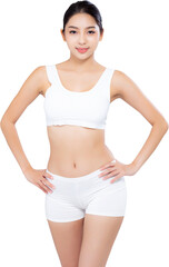 Fototapeta premium Portrait young asian woman smiling beautiful body diet with fit, model girl weight slim with cellulite or calories, health and wellness concept.