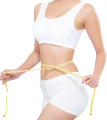 Deurstickers beautiful portrait asian woman diet and slim with measuring waist for weight, girl have cellulite and calories loss with tape measure, health and wellness concept. © N_studio