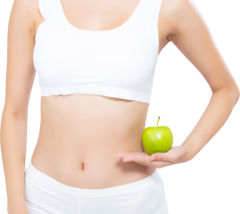 Portrait asian woman smiling holding green apple fruit and beautiful body diet with fit, girl weight slim with cellulite or calories, health and wellness concept.