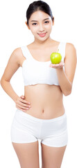 Portrait asian woman smiling holding green apple fruit and beautiful body diet with fit, girl weight slim with cellulite or calories, health and wellness concept.