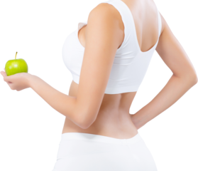 Portrait asian woman smiling holding green apple fruit and beautiful body diet with fit, girl weight slim with cellulite or calories, health and wellness concept.