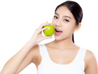 Portrait asian woman smiling holding green apple fruit and beautiful body diet with fit, girl weight slim with cellulite or calories, health and wellness concept.