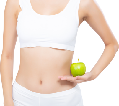 Portrait asian woman smiling holding green apple fruit and beautiful body diet with fit, girl weight slim with cellulite or calories, health and wellness concept.