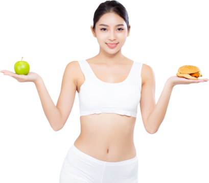 Beautiful young asian woman slim shape with diet choosing fresh salad vegetable and hamburger, food healthy with control for weight loss with calories, nutrition and lifestyle concept. - Powered by Adobe