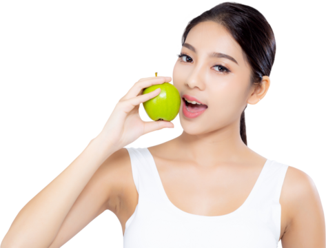 Portrait asian woman smiling holding green apple fruit and beautiful body diet with fit, girl weight slim with cellulite or calories, health and wellness concept.
