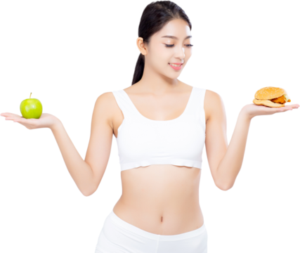 Beautiful young asian woman slim shape with diet choosing fresh salad vegetable and hamburger, food healthy with control for weight loss with calories, nutrition and lifestyle concept.