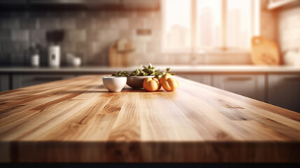Naklejka na ściany i meble Empty wooden kitchen countertop with copy space over kitchen background.for product display montage. AI Generation.