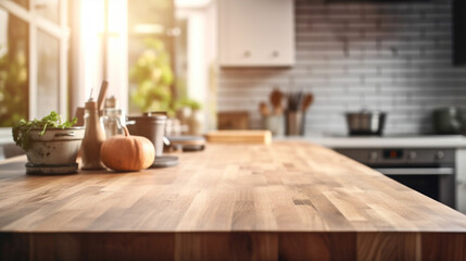 Fototapeta na wymiar Empty wooden kitchen countertop with copy space over kitchen background.for product display montage. AI Generation.
