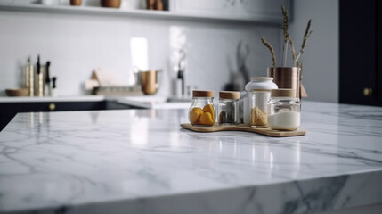 Naklejka na ściany i meble Empty marble countertop kitchen with copy space over kitchen background.for product display montage. AI generation.