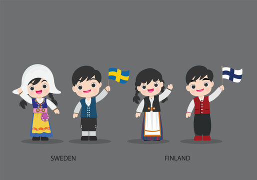 Sweden,Finland. Men and women in national dress Vector flat illustration.
