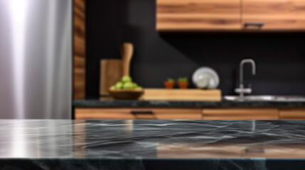 Empty marble countertop kitchen with copy space over kitchen background.for product display montage. AI generation.