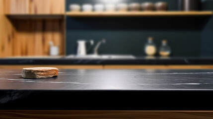 Empty marble countertop kitchen with copy space over kitchen background.for product display montage. AI generation.