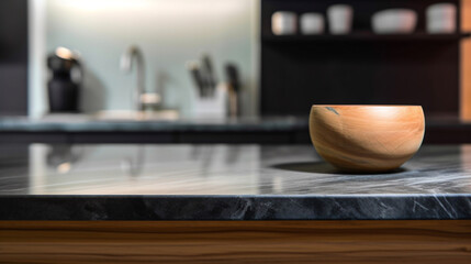 Empty marble countertop kitchen with copy space over kitchen background.for product display montage. AI generation.