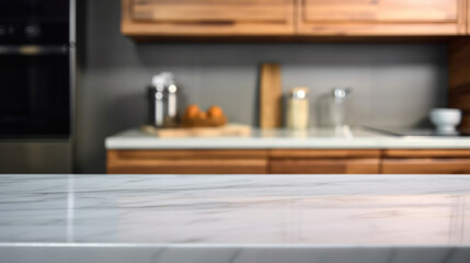 Obraz na płótnie Canvas Empty marble countertop kitchen with copy space over kitchen background.for product display montage. AI generation.