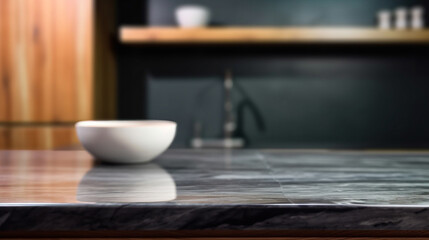 Empty marble countertop kitchen with copy space over kitchen background.for product display montage. AI generation.