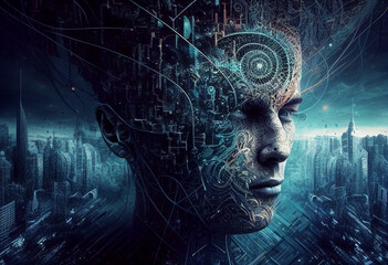 Artificial intellect wallpaper illustration. Future and technology. Cyberpunk urban Neural networks progress and innovations.