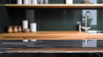 Empty marble countertop kitchen with copy space over kitchen background.for product display montage. AI generation.