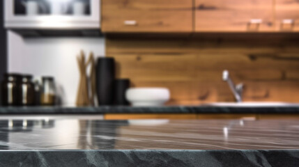 Empty marble countertop kitchen with copy space over kitchen background.for product display montage. AI generation.