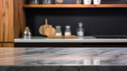 Empty marble countertop kitchen with copy space over kitchen background.for product display montage. AI generation.