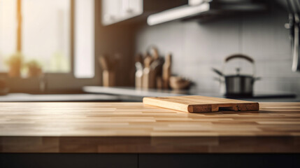 Empty wooden kitchen countertop with copy space over kitchen background.for product display montage. AI Generation.
