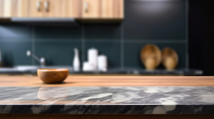 Fototapeta na wymiar Empty marble countertop kitchen with copy space over kitchen background.for product display montage. AI generation.