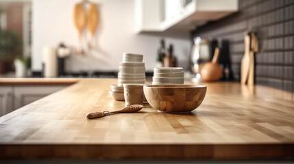 Empty wooden kitchen countertop with copy space over kitchen background.for product display montage. AI Generation.