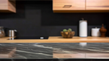 Empty marble countertop kitchen with copy space over kitchen background.for product display montage. AI generation.