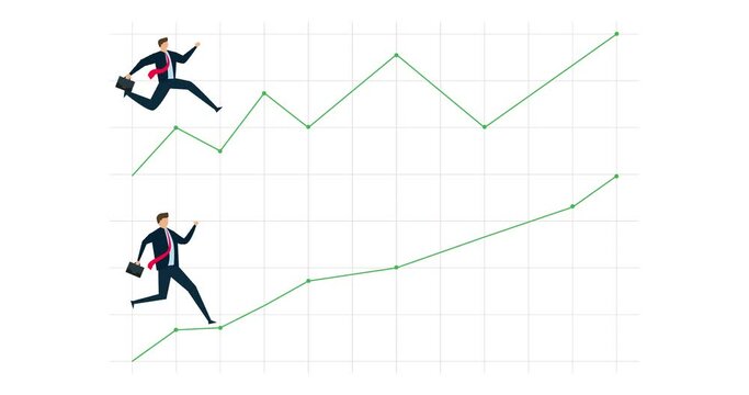 4k animation of work successful ladder, businessman walking up stairs graph, one with smooth rising up and other on volatile path.