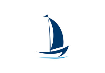 Linear drawing of a sailboat in the waves. illustration of a yacht at sea. Sailboat in the sea logo. Boat with sails on the waves