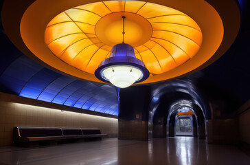 Halle mit großen Orangen Lampen in einer modernen U-Bahn Station
