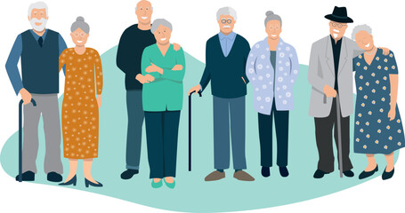 illustration vectorielle montrant un groupe de personnages représentant des couples de personnes âgées. Concept de la retraite - obrazy, fototapety, plakaty