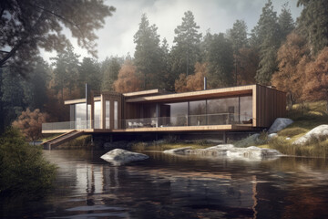 Fototapeta na wymiar house on the river created with Generative AI technology