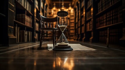 A classic hourglass with golden sand that trickles slowly from the top to bottom, set against a background of a dimly lit library. Generative AI