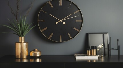 A sleek black wall clock with a simple design and elegant gold hands, set against a backdrop of a modern office. Generative AI