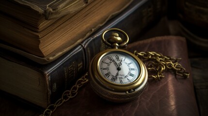 A vintage pocket watch with a leather strap and a brass casing, set against a backdrop of a dusty old bookshop. Generative AI
