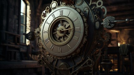 Fototapeta na wymiar A steampunk clock with gears and cogs that turn and whir, set against a backdrop of a Victorian factory. Generative AI